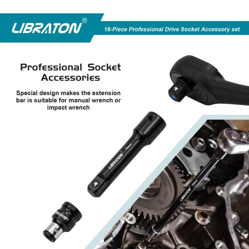 Libraton 18-Piece Extension Bar Set, 6.35mm, 9.5mm, 12.7mm Drive, Socket Adapter, Universal Joint, 50-250mm Overall Length, Chrome Vanadium Steel, Wit