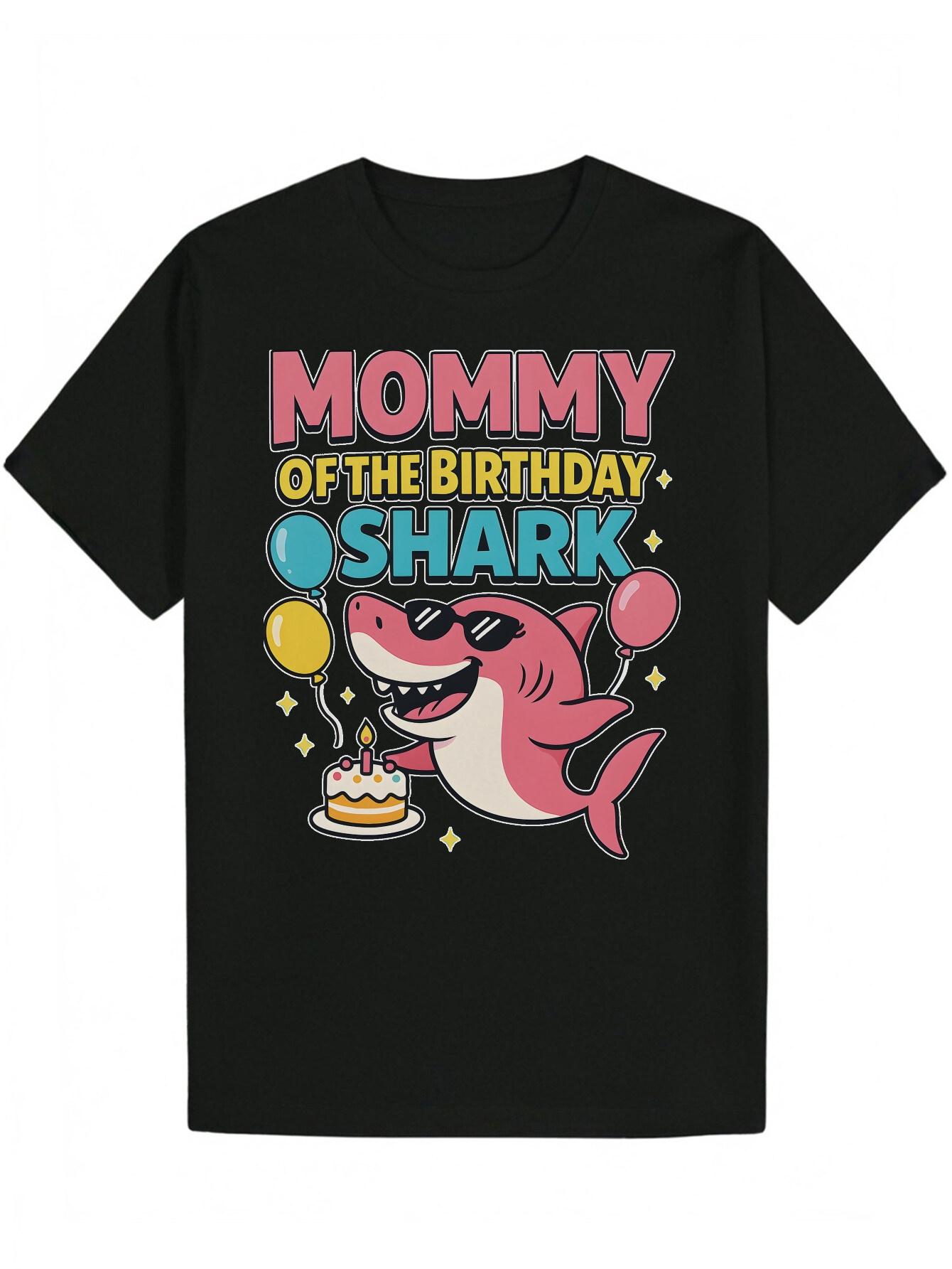 Crew Neck Polyester Shark Graphic T-shirt - Mommy of the Birthday Shark Design with Cake & Balloons XXL