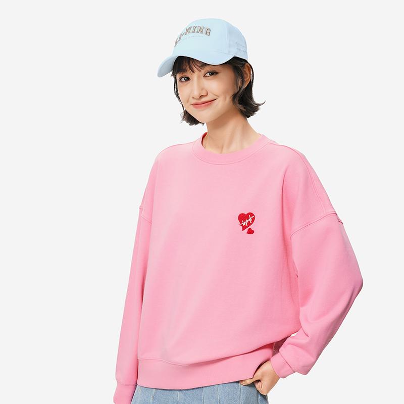 Li Ning Sports Fashion Series Heart Comfortable Casual Round Neck Loose Sweatshirt Women Sweatshirt Morning-Light-Pink AWDU790-8