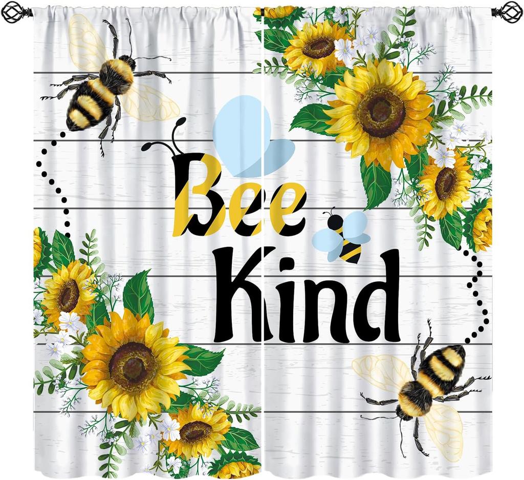 Rustic Honey Bee Curtains Honeycomb Daisy Floral Window Treatments Insulated Drapes Panel Sets Curtain With Rod Pocket Thermal Polyester