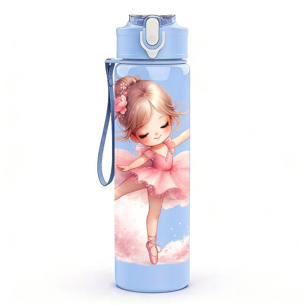 1PC Little Pink Ballerina Girl Print 750ml Color Plastic Sports Water Bottle Leakproof Flip Straw Lid Suitable for Sports Office Home Use
