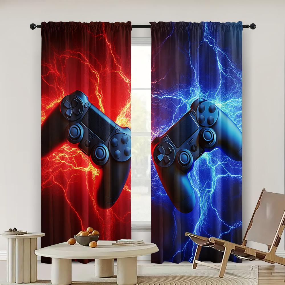 Set mit 2 Gamer-Zimmer-Dekoration Smog Wolf Gamepad Vorhang Videospiele Junger Mann Schlafzimmer Wohn-Ess-Badezimmer Vorhänge Für Hergestellt Polyester