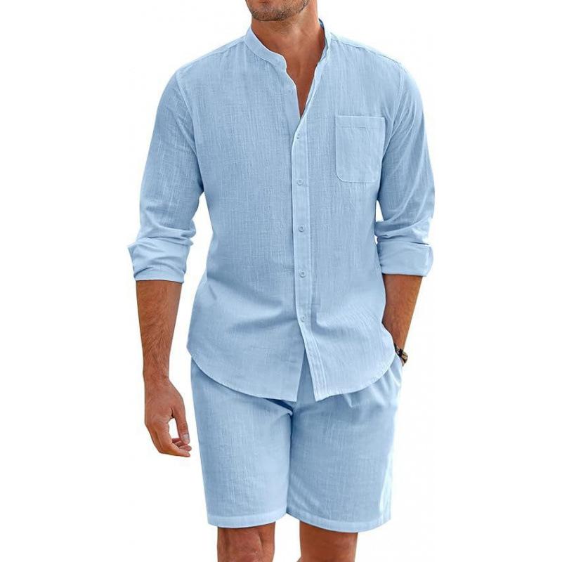 Men's Summer Polyester Two-Piece Set Long Sleeve Button-Up Shirt and Shorts for Casual Beachwear