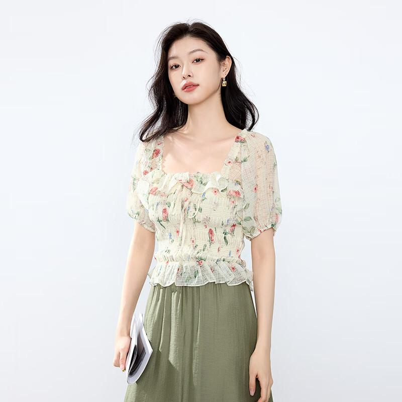 JOY SPEAKER Women's Printed Square Neck Short Sleeve Shirt