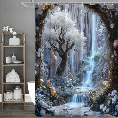 Cortina de Ducha Cascada Mundo de Hielo Flor y Árbol, Cortina de Ducha Decorativa para Baño, Cortina de Ducha Impermeable con Ganchos