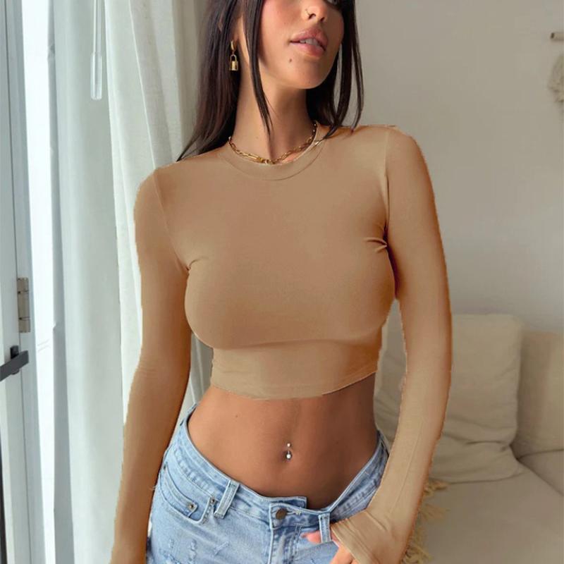 Evropské a americké Žhavé dámské oblečení Sexy tričko Žhavá dívka Kulatý výstřih Úzký pupík Dlouhý rukáv M-2XL Dámský top