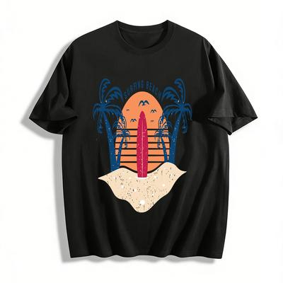 Vintage Surfen Strand Kokospalme Druck Lässiges T-Shirt Reines Baumwoll-T-Shirt
