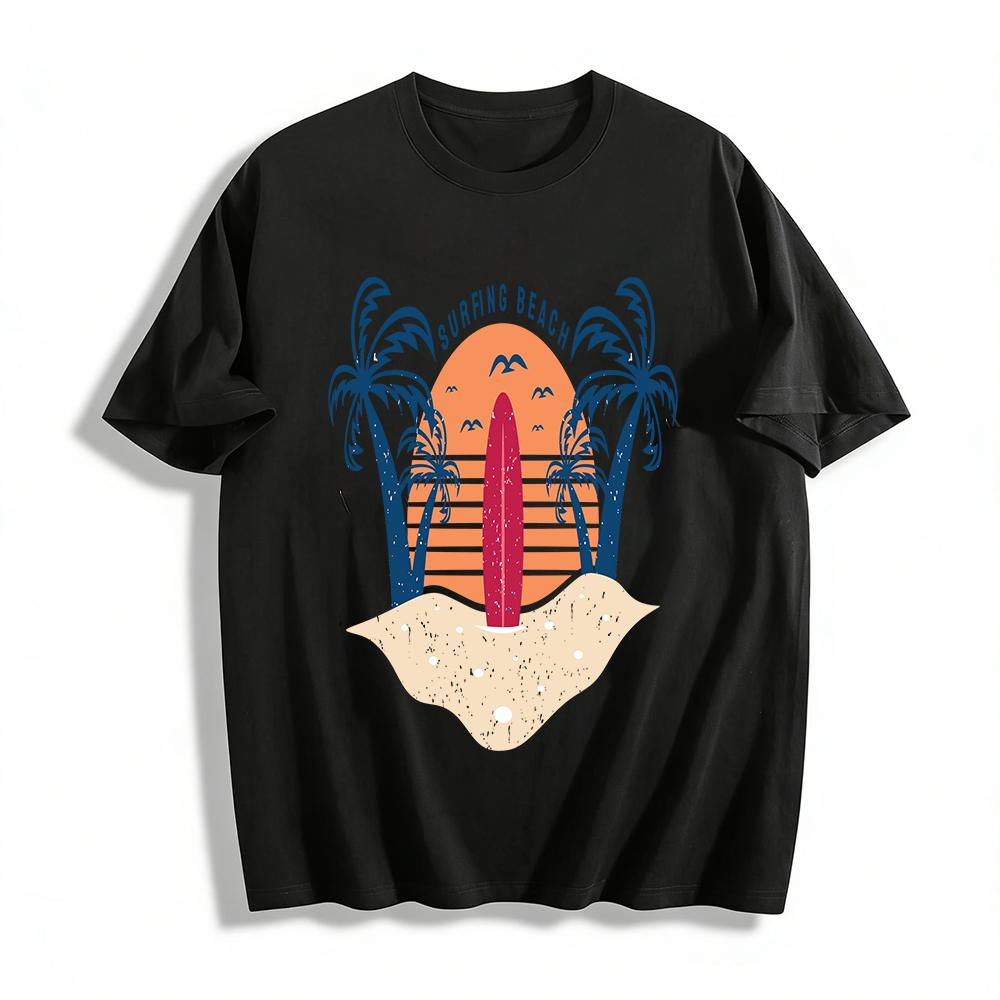 Vintage Surfing Beach Coconut Tree Print Casual Tee Pure cotton T-shirt XXS