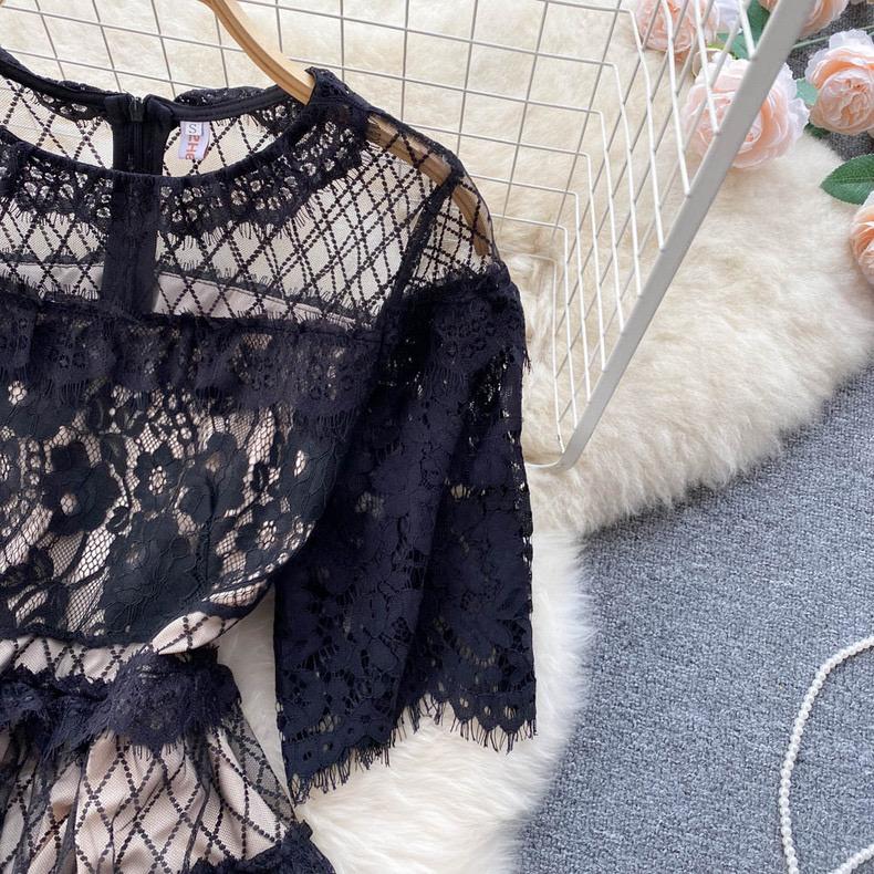 French Sweet Style Y2K Long Dresse Women Vintage Flower Hollow Out Solid Dresses Party Lace High Waist Spring Summer Casual New Clothing