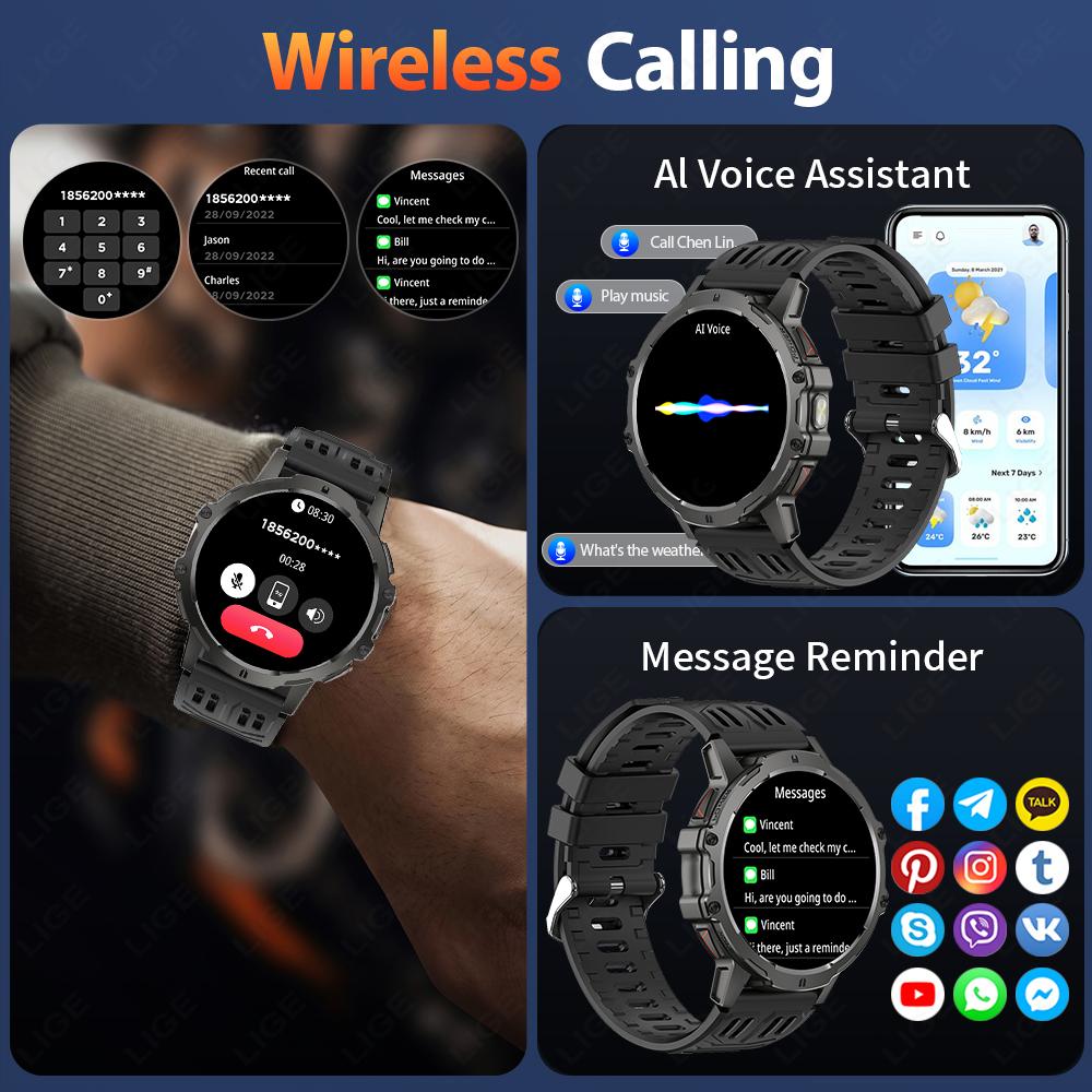 1000mAh Large Capacity Battery Smartwatch Men Outdoor Flashlight Bluetooth Call 3ATM Waterproof Sport Fitness Watches New