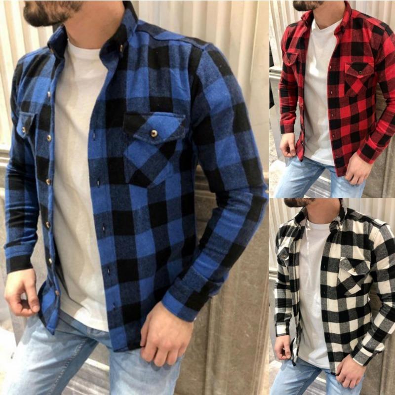 Camisa Casual de Hombre de Manga Larga a Cuadros con Cuello