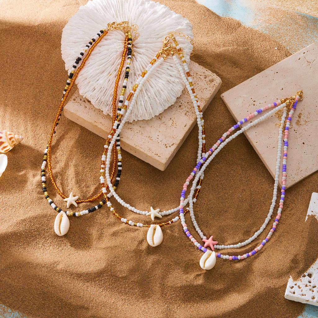 Pack Of 2 Bohemian Style Double Layer Starfish Shell Beaded Pendant Necklace For Women And Young Fashion Enthusiasts