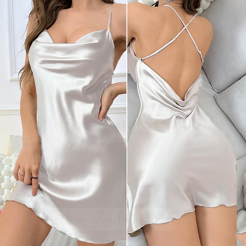 Female Nightgown Sexy Mini Suspender Nightdress Chemise Sleepwear Intimate Lingerie Summertime Silk Satin Home Clothes Lounge Wear