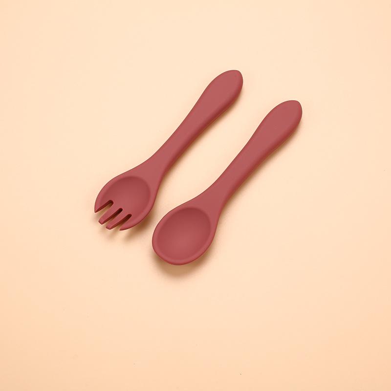 

Silicone Wooden Handle Baby Fork & Spoon Set - Food Grade Training Utensils