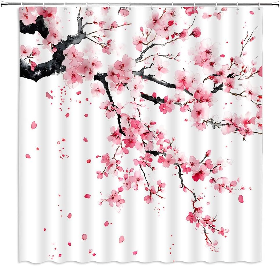 Rosa Kirschblüte Duschvorhang Pflaumenblüten Floral Japanisch Asiatisch Anime Weiß Aquarell Badezimmer Dekor Vorhänge