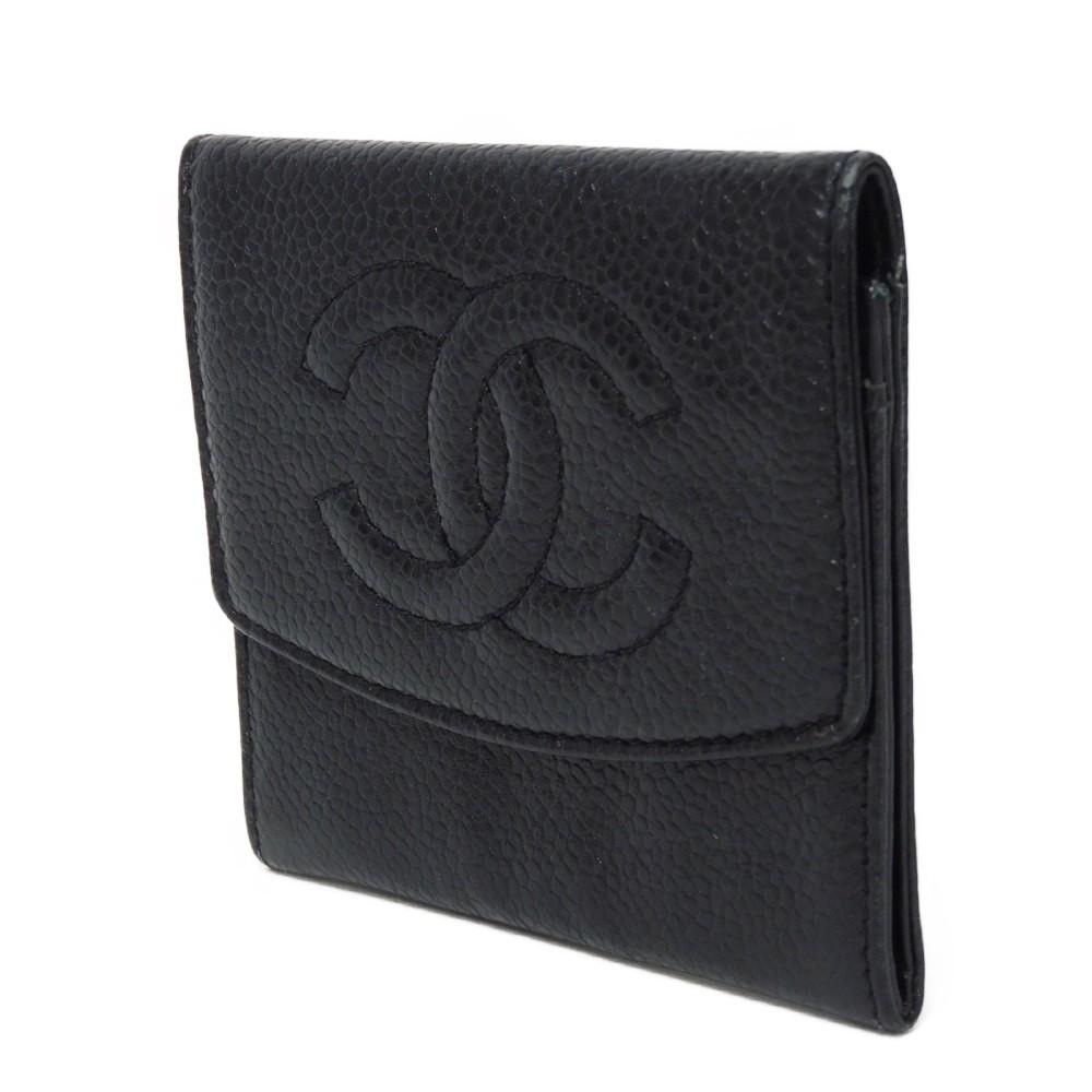 Used 10097 Compact Flap Wallet 7943 COCO Mark CC Mark 3rd Series Vintage Deca Coco Caviar Skin Black Unisex from Japan