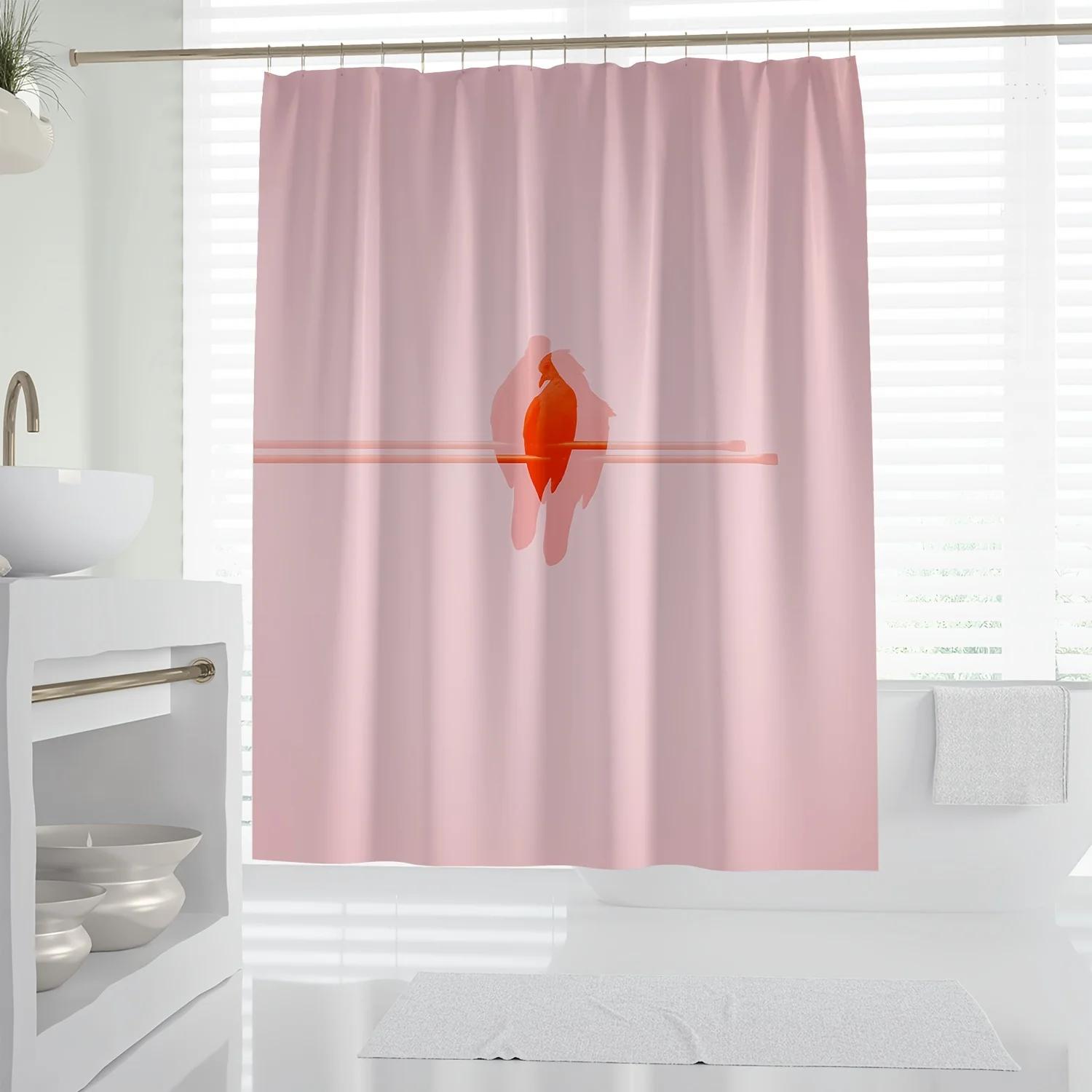 Pink Bird Curtain - Minimalist Design, Polyester, Hooks Included, Machine Washable, Modern Bath, All-Season W90xH180cm