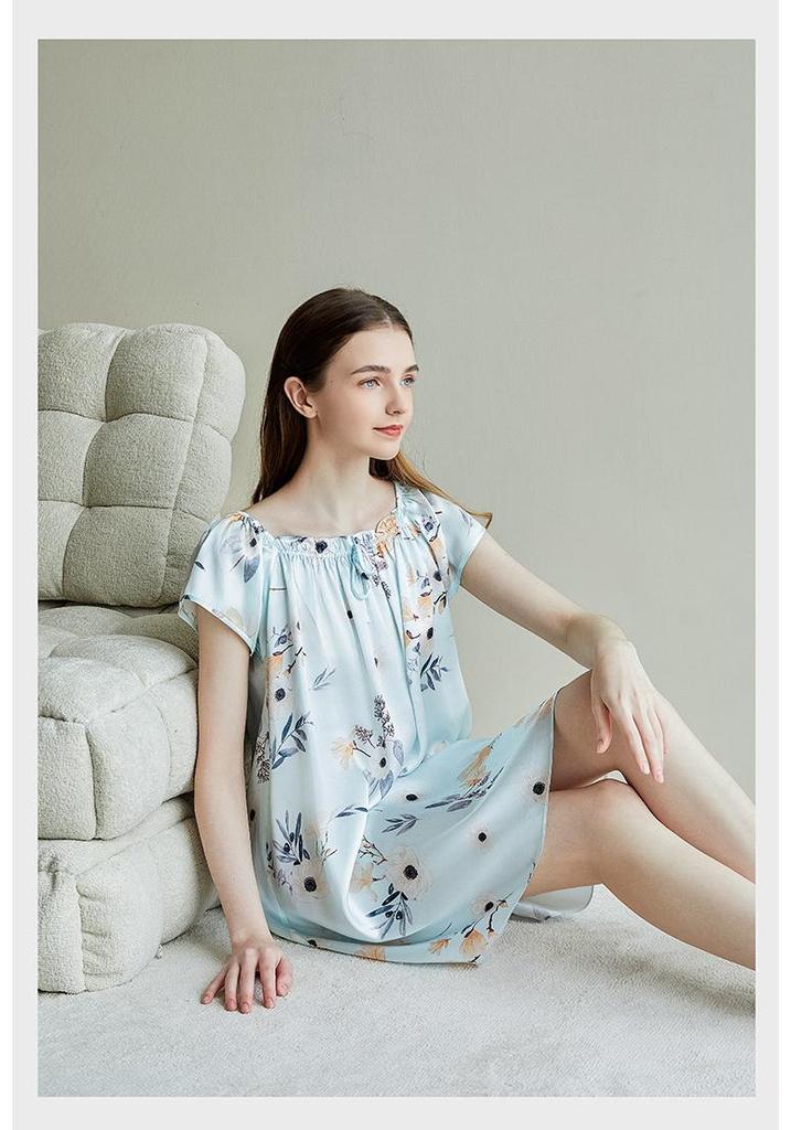 Women's Summer Short Sleeve Printed 100% Mulberry Silk Pajama Dress - Mid-length, Plus Size, Loose-fit Nightgown