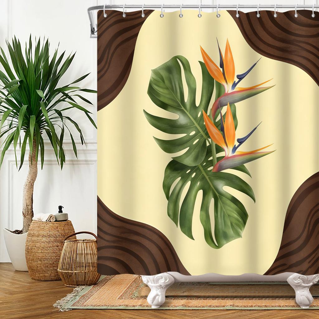 Tropical Rainfores Bathroom Shower Curtain Plant Green Leaves Simple Line Decor Waterproof Bathtub Bathroom Curtain With Hooks