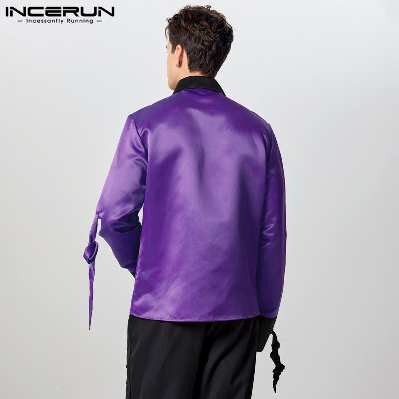 INCERUN Men Lapel Neck Long Sleeve Satin Shirts Solid Color Bandage Hollow Front Cross Tops