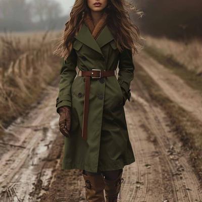 Sobretudo Trench Coat Feminino Duplo Abotoamento Lapela Entalhada Clássico Outono Sobretudo Ajustado Comprimento Midi Manga Longa Casaco Peacoat