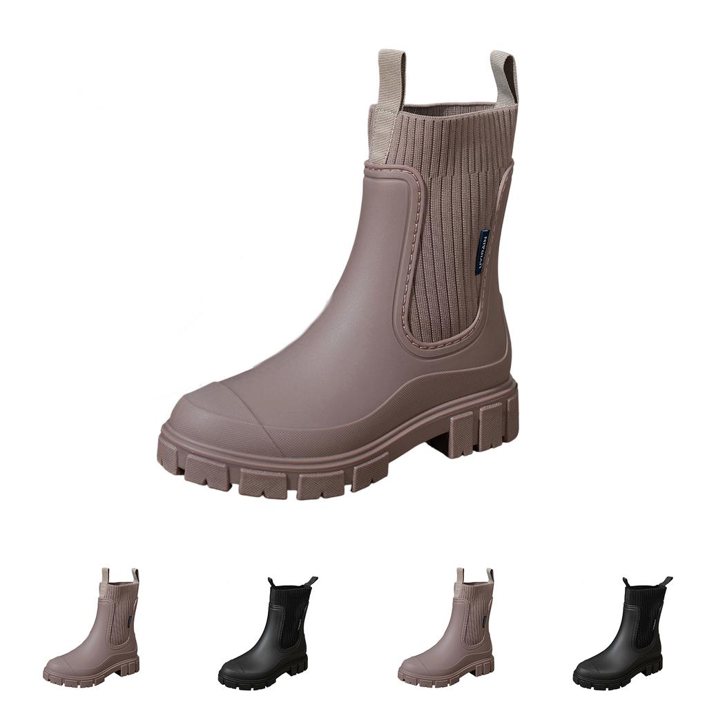 Women's Mid-Calf Rain Boots with Elastic and Thick for Outdoor Commute