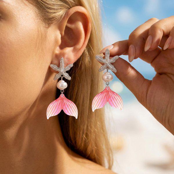 Exquisite Boucles d'Oreilles à Pompons Coquillage & Étoile de Mer pour Femmes – Polyvalentes, Style Bord de Mer de Niche