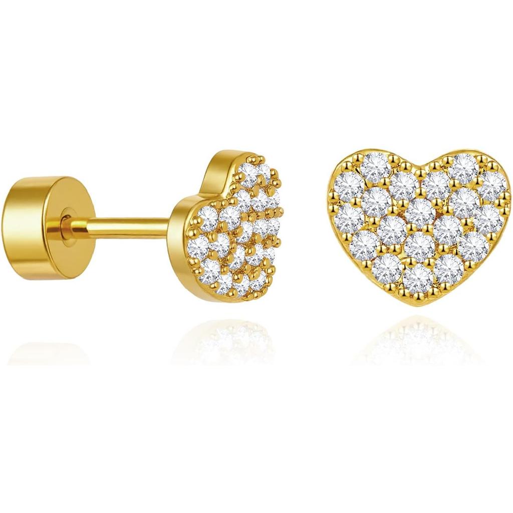 Cicy Bell Womens Flat Back Stud Earrings 18K Gold Plated Hypoallergenic | 316L G23 Surgical Titanium Steel, CZ Stud Jewelry, Tragus Helix Cartilage