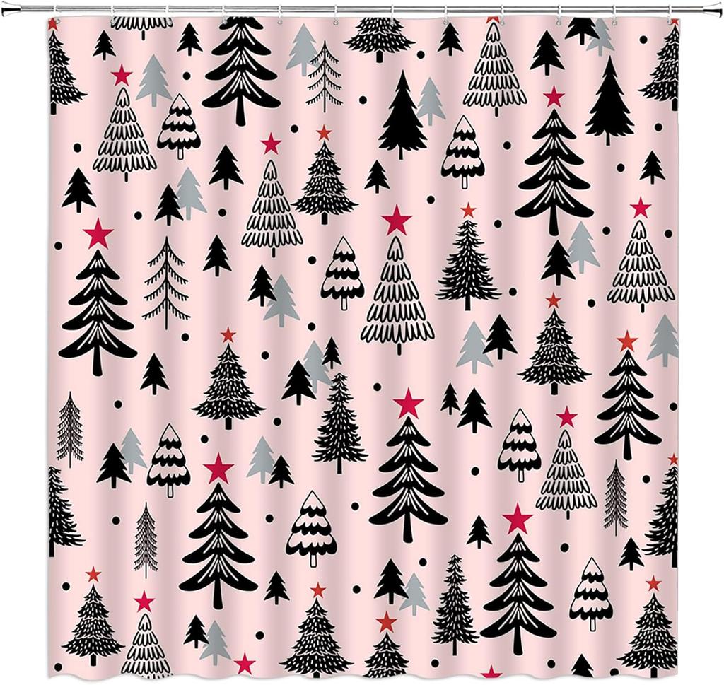 Christmas Tree Shower Curtain Blue Cute Xmas Tree Stars Cartoon Winter Holiday Merry Christmas New Year Bathroom Decor