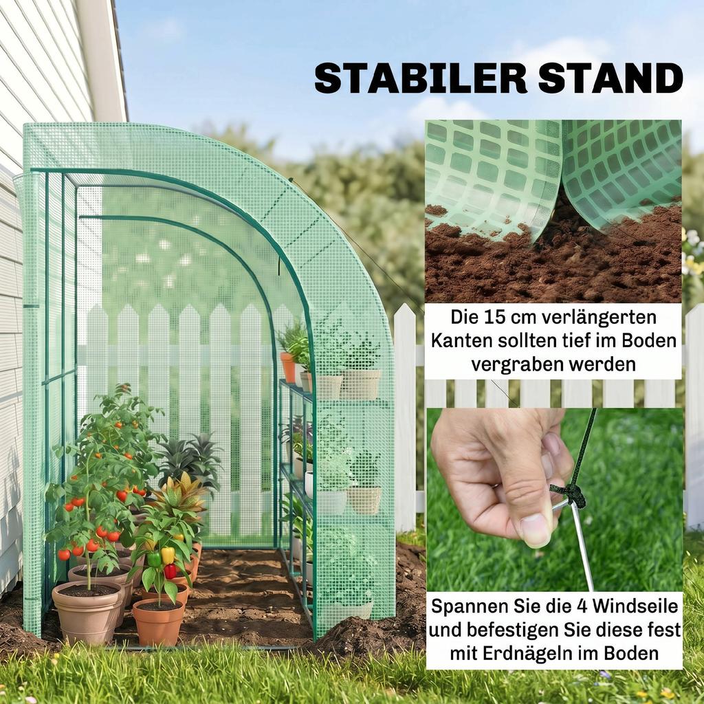 Walk-In Lean To Greenhouse with Windows and Zippered Doors, 2 Tiers 6 Wired Shelves 300L X 150W X 213Hcm Green