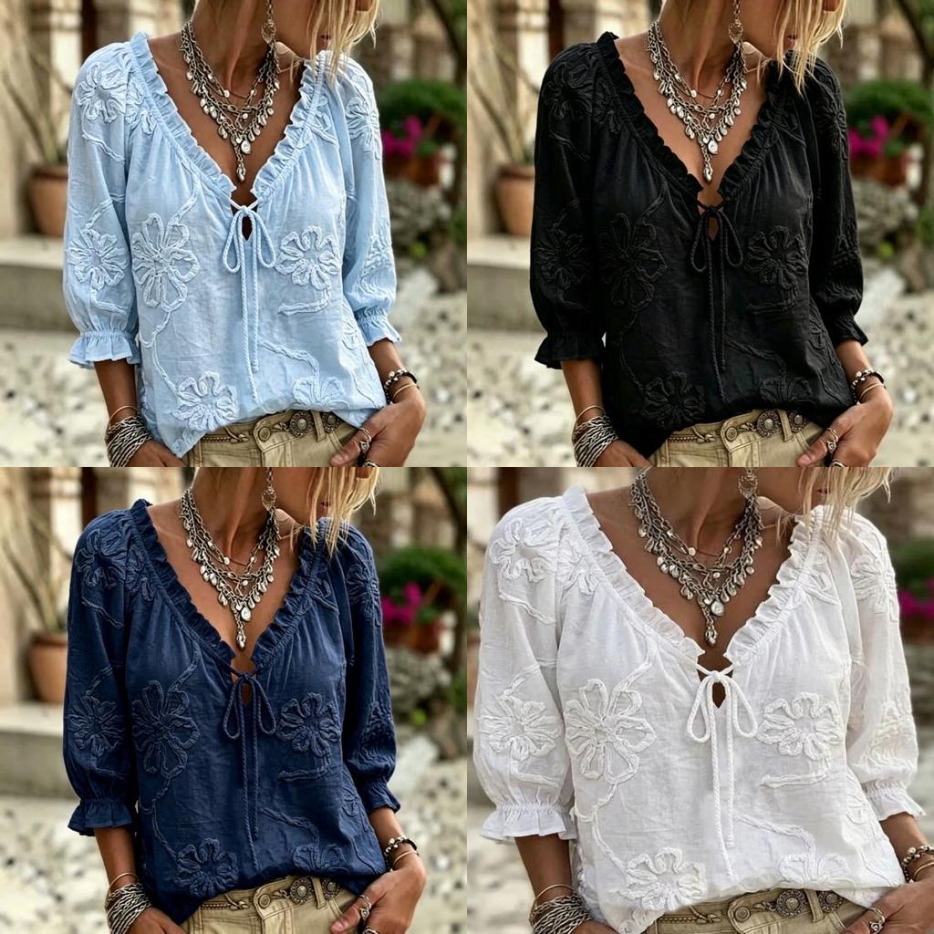 Camicetta Ricamata Floreale Vintage con Scollo a V e Dettagli a Ruffle per Uso Casual