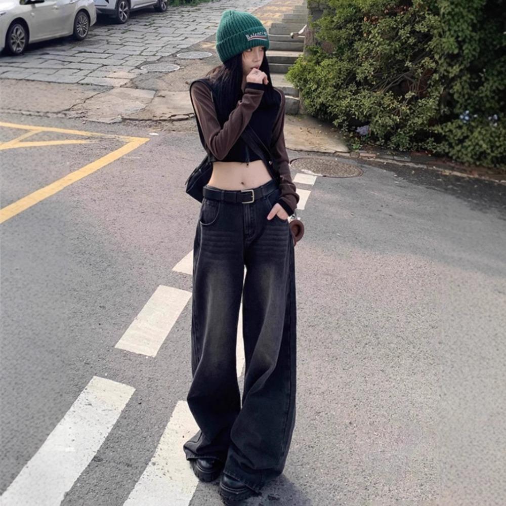 Women's High Waist Wide Leg Jeans Vintage Washed Straight Denim Pants Loose Draped Floor Length American Retro Casual Trousers