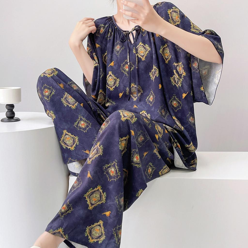 1011 new short-sleeved cotton and silk pajamas for women's summer thin printing loose and relaxed loungewear suit