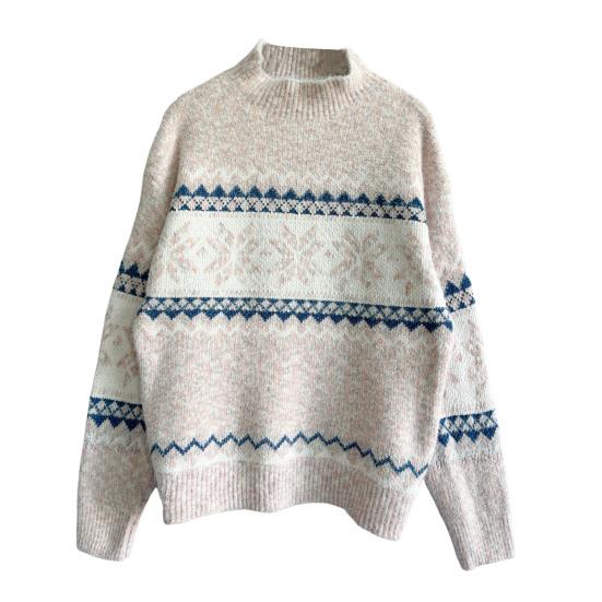 Winter Women Christmas Sweater Half-high Collar Color Matching Snowflake Pattern Long Sleeve Knitwear Thick