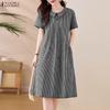 ZANZEA Women Casual Doll Collar Summer Short Sleeve Grid Print Dress
