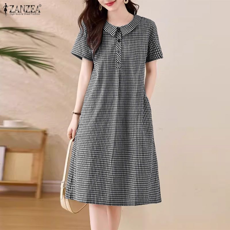 ZANZEA Women Casual Doll Collar Summer Short Sleeve Grid Print Dress