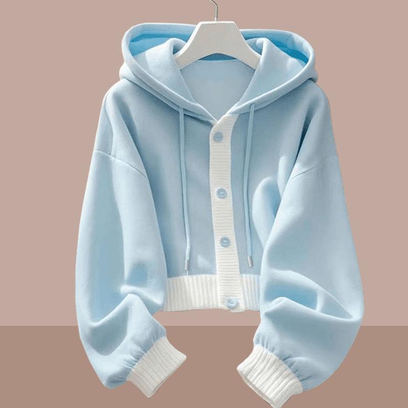Damen Cropped Hoodie Knopfleiste Strickbesatz Kapuze Sweatshirt Lässig Langarm Pullover Herbst Winter Basic Top