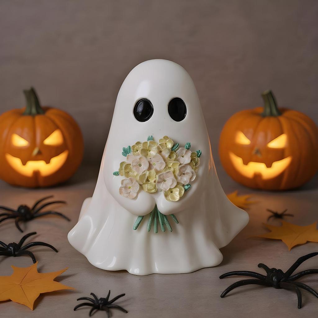 Ghost Figurine Resin Ghost Halloween Decor With Flowers Spooky Decoration Ornament Figure For Tabletop Entryway Bedroom Living