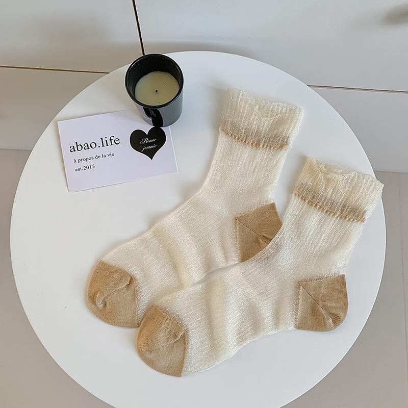 

Female Summer Lace Ballet Wind Breathable Clear Glass Silk Mid Tube Pile Socks 1 pair бежевый
