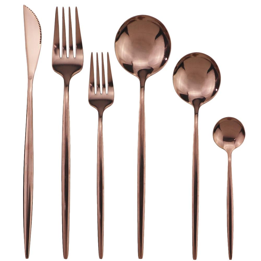 6Pcs One Set Mirror Stainless Steel Cutlery Set Gold Kitchen Tableware Set Knife Fork Spoon Dinner Set Silverware Dinnerware Set