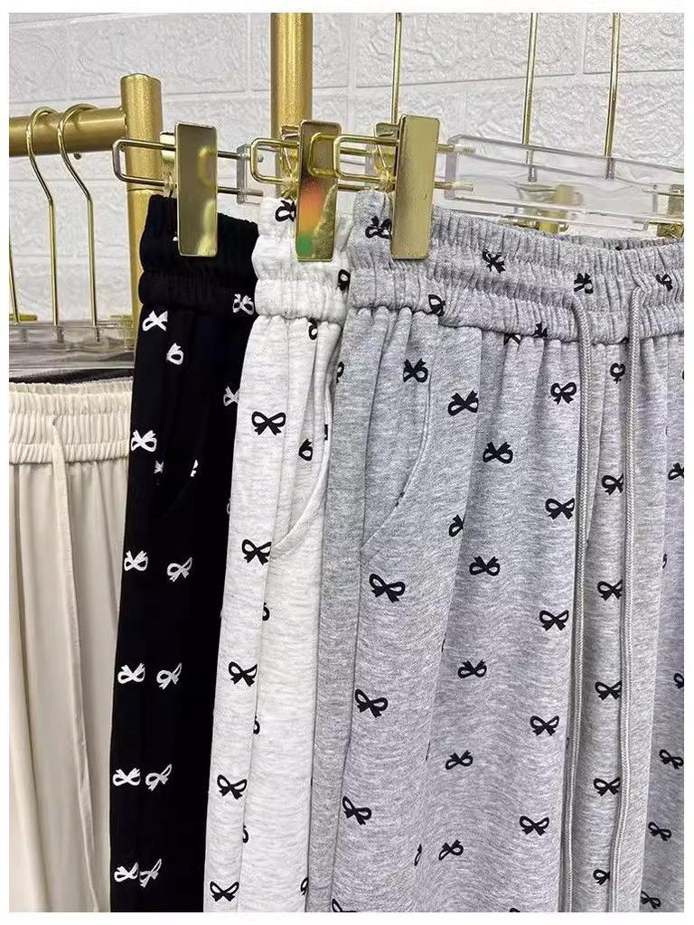 Korean Style Bow Print High Waist Wide Leg Pants for Women - Petite & Slimming, Early Autumn