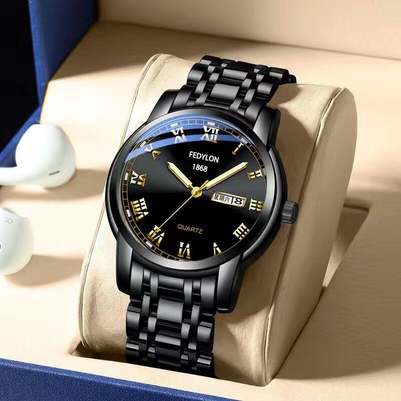 New Black Korean Style Trendy Student Roman Steel Belt Watch for Men Quartz Double Calendar Waterproof Men's Watch