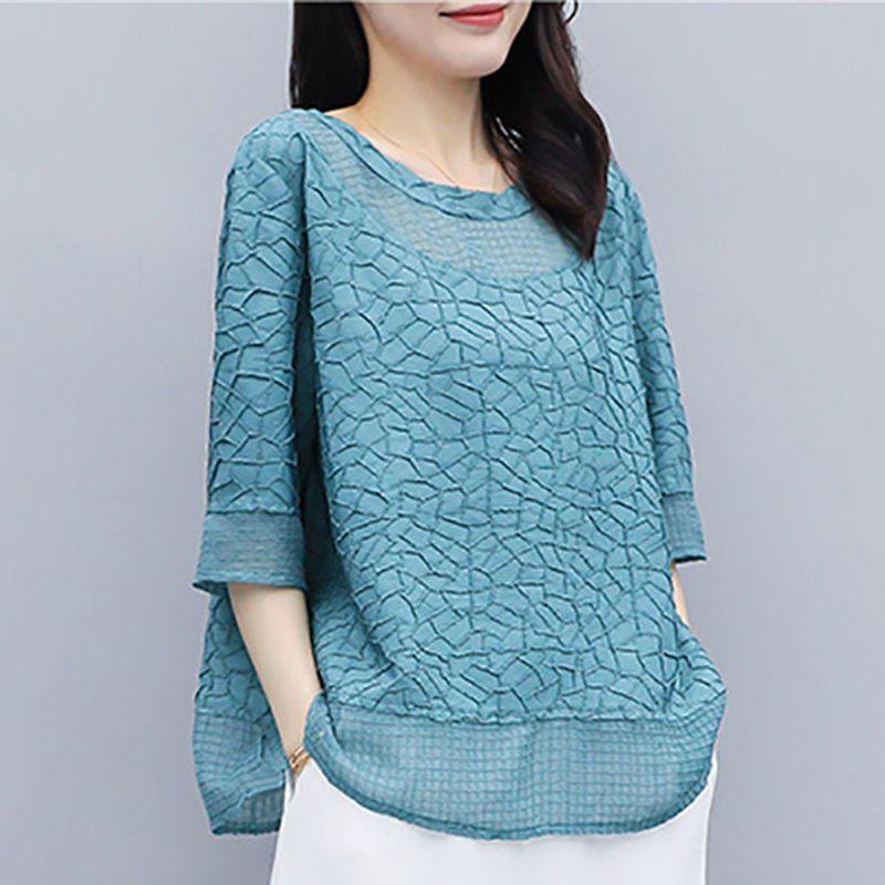 Summer Casual and Fashionable Printed Women's Large-size Chiffon Fashionable Mid-sleeved Loose Top