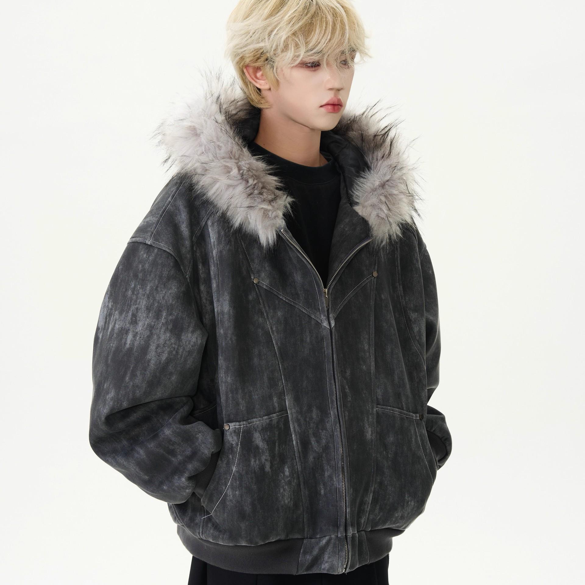 Men s American-Style Winter Jacket with Mountain Eagle Design, Thick Padding, and Large Fur Collar XL