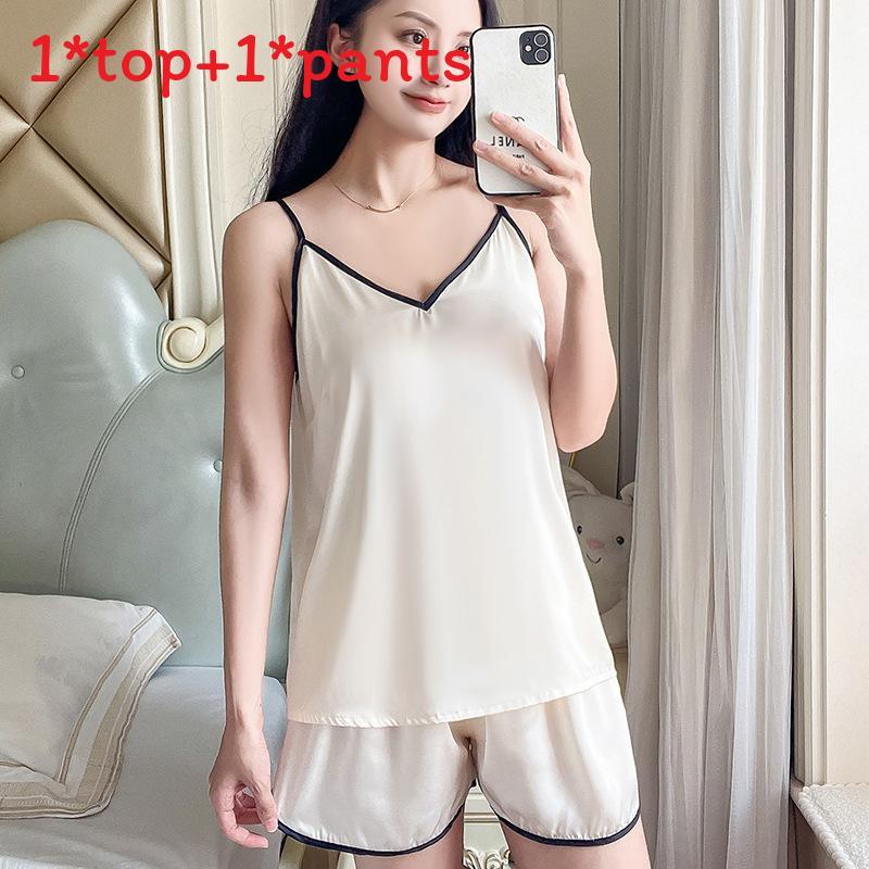Ladies Silk Sleepwear Set With Vneck Sleeveless Pajamas And Shorts For Home And Lounge