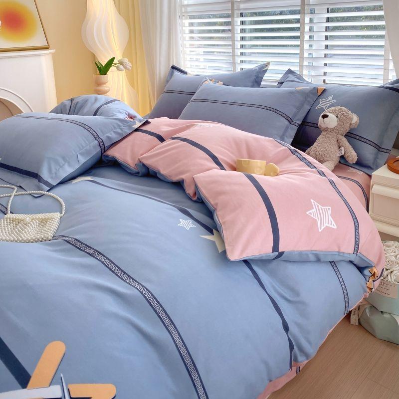 Thickened Pure Abraded Four-piece Set, Single Double Skin-friendly Twill Bed Sheet, Quilt Cover, Dormitory Three-piece Set, Bedding