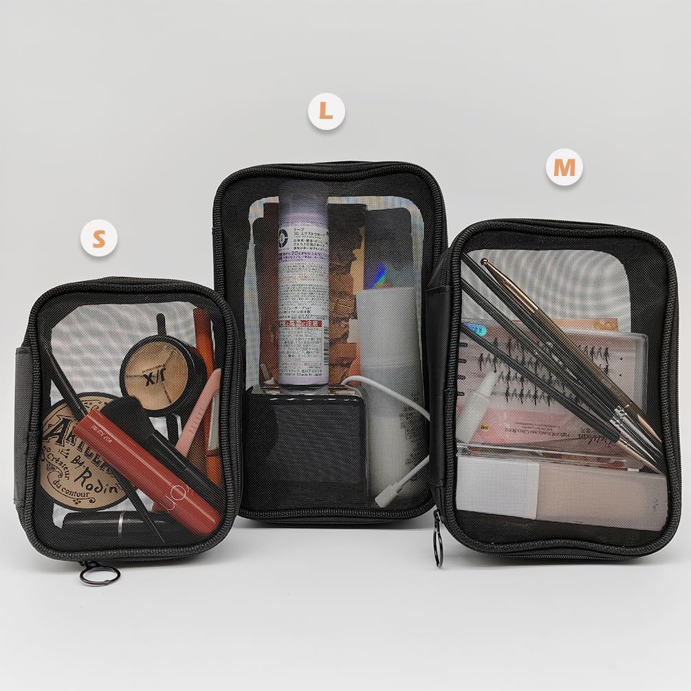 Mesh Makeup Bag, 3 Pcs Makeup Bag Set, Lightweight Mesh Cosmetic Bag with Zipper (S, M, L)