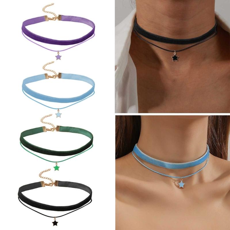 Gothic Double Layers Velvet Choker Chain Women Neck Chain Star-shaped Pendant Necklace Fashion Collar Punk Jewelry