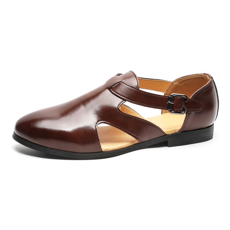 Men s Large Leather Roman Sandals - Breathable, Versatile, Hollow-Out Design with Buckle 43 коричневый
