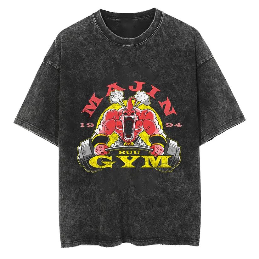 Majin Buu Gym T Shirt Dragon Ball Z Men Bodybuilding Fitness Acid Wash Oversized Cotton Workout Lifting Anime Tees M